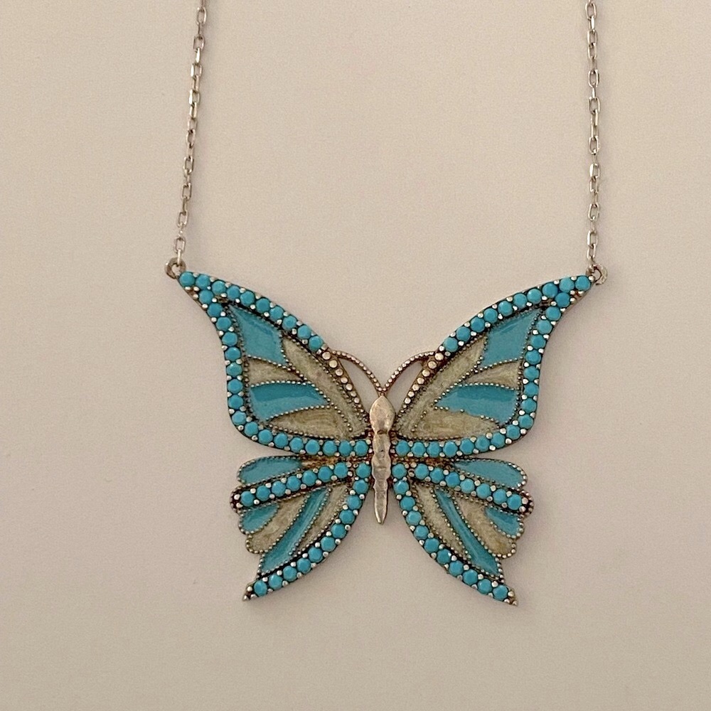 🦋925 Silver butterfly turquoise enamel necklace